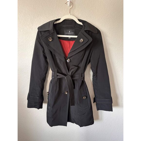 London Fog Jackets & Blazers - London Fog Womens XXS Black Hooded Belted Trench Coat Rain Jacket Pea Coat